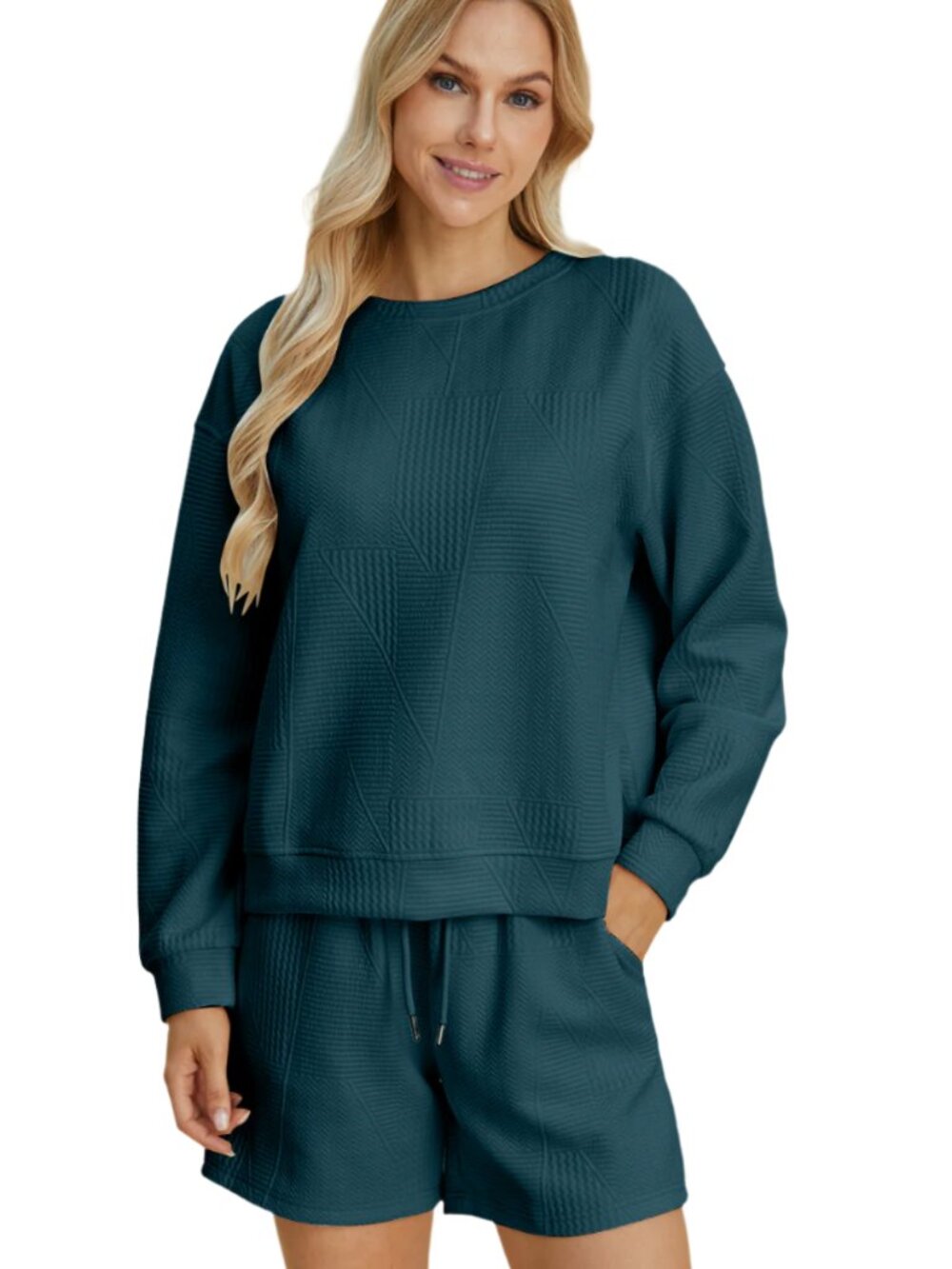 Size Small Blue Textured Long Sleeve Top and Shorts Lounge Set